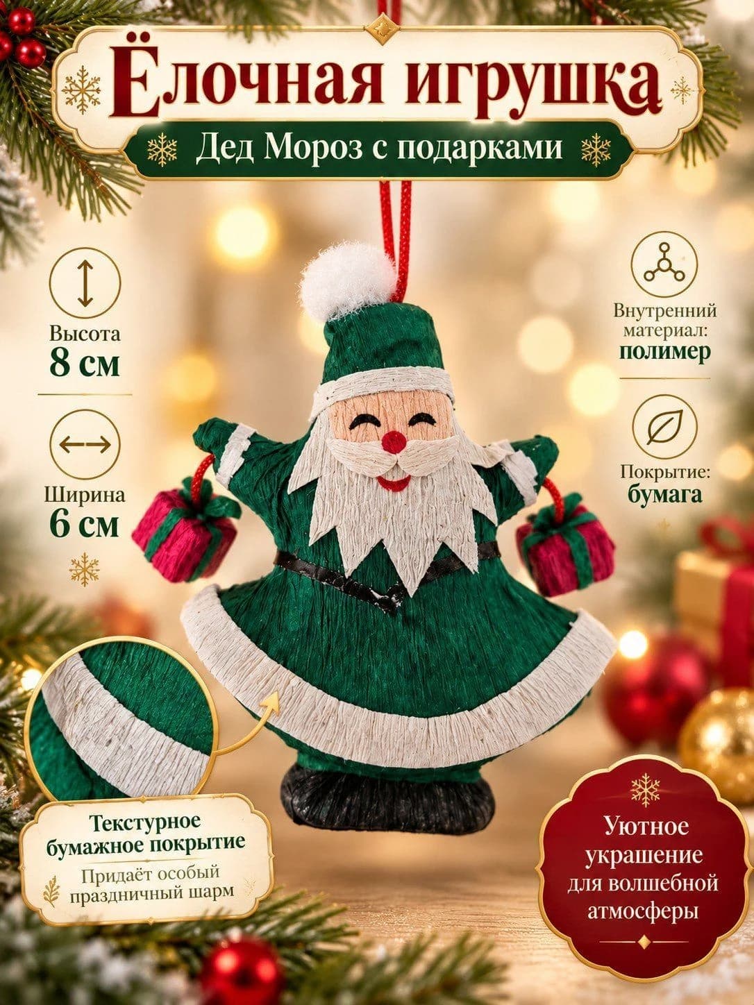 Ёлочная игрушка «Дед Мороз с подарками»