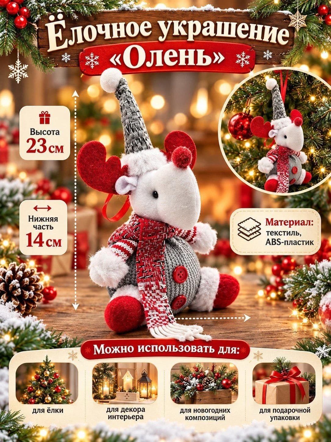 Новогоднее ёлочное украшение «Олень» с шарфом