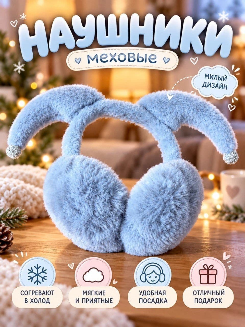 Меховые наушники с ушками, дополнительное фото 1
