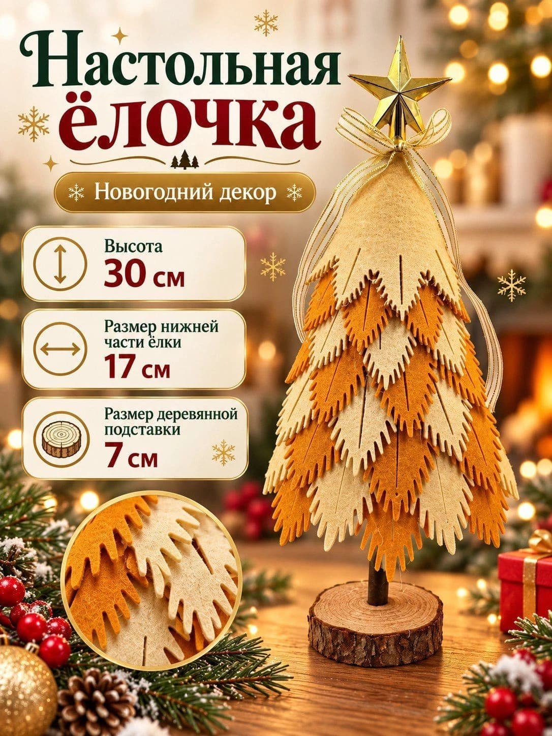 Ёлочка настольная новогодняя «Золотая сказка» из фетра на деревянной подставке, 30 см