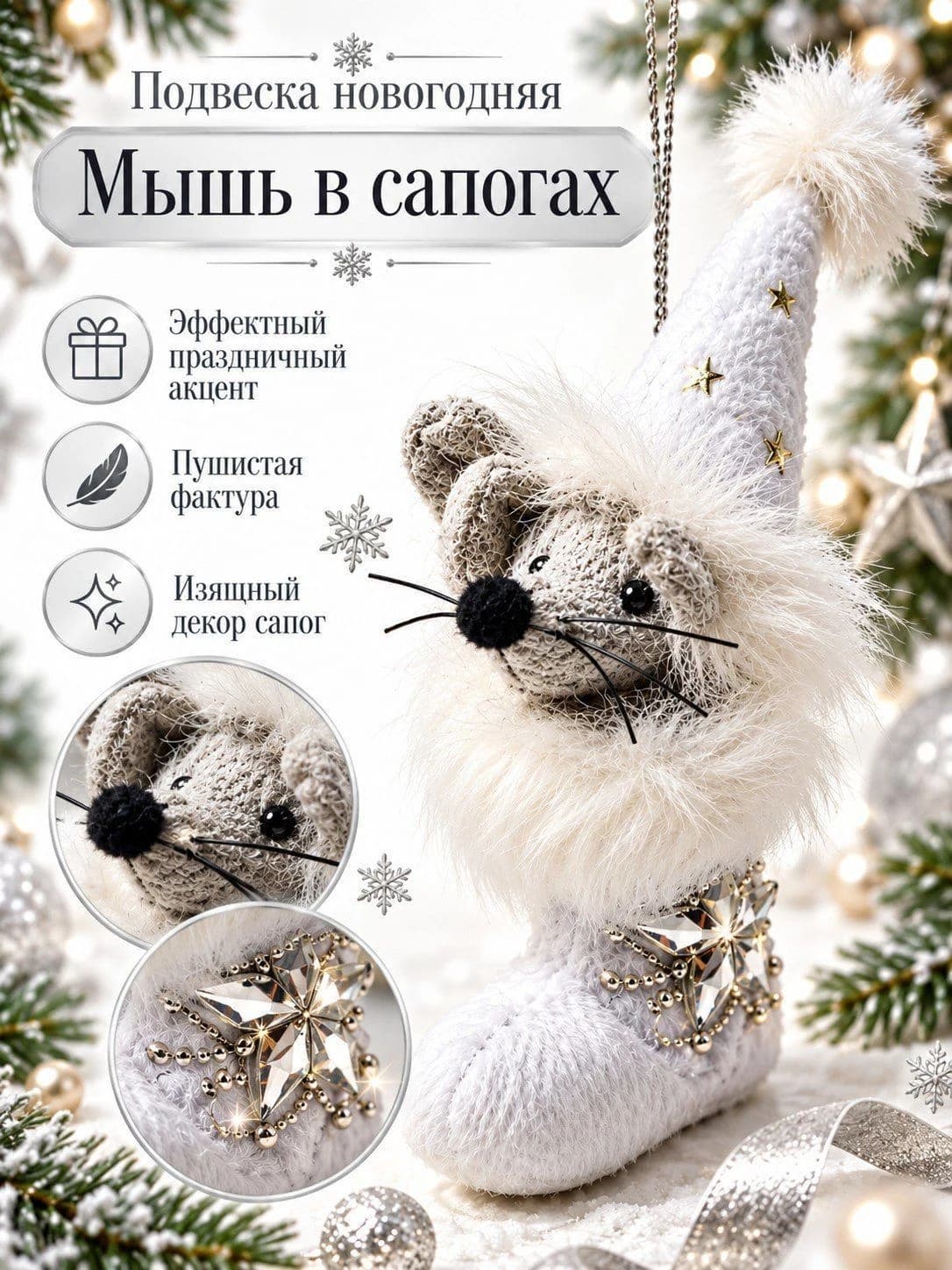 Новогодняя декоративная подвеска «Мышь в сапоге»