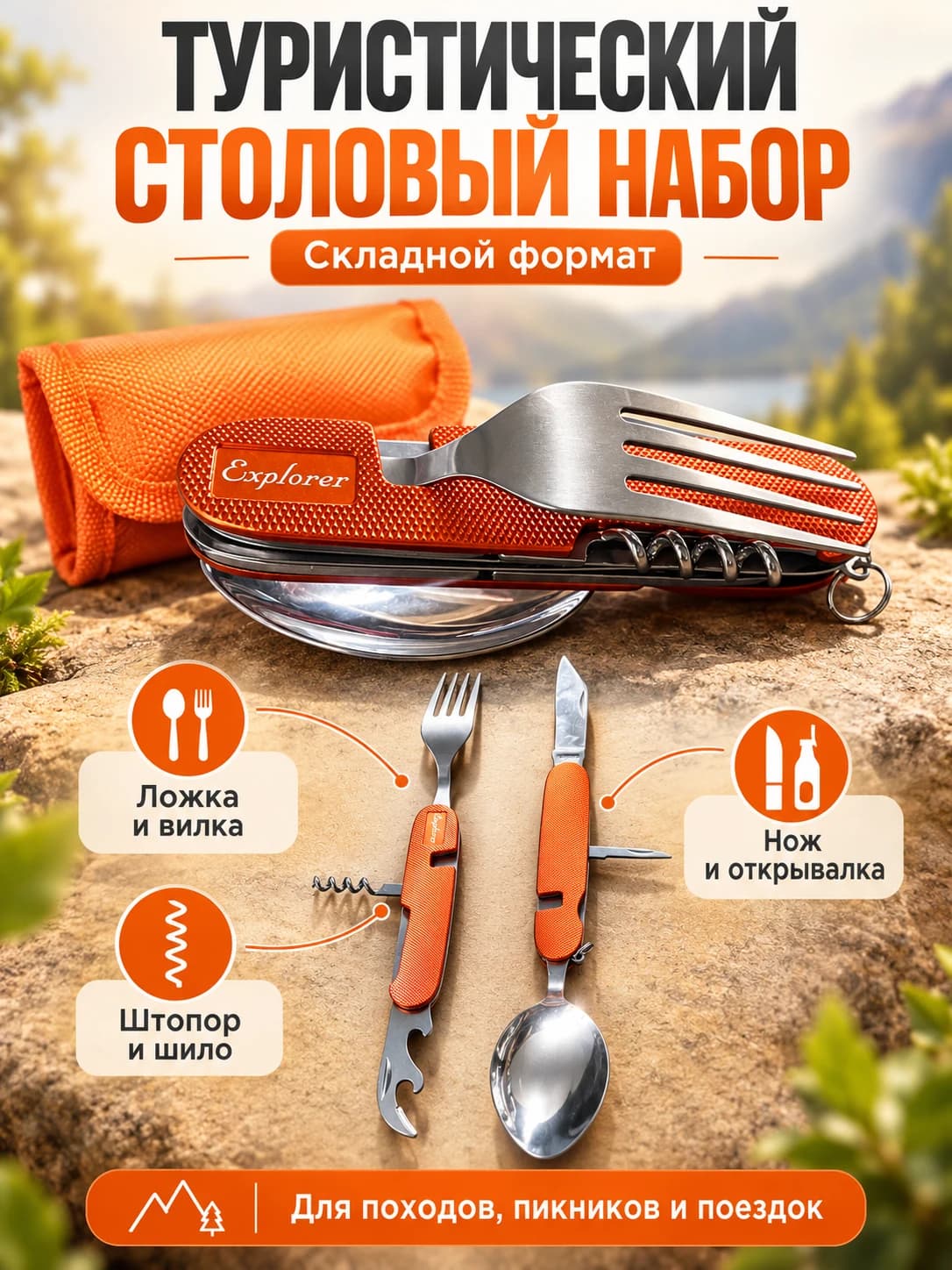 Туристический складной набор столовых приборов Explorer