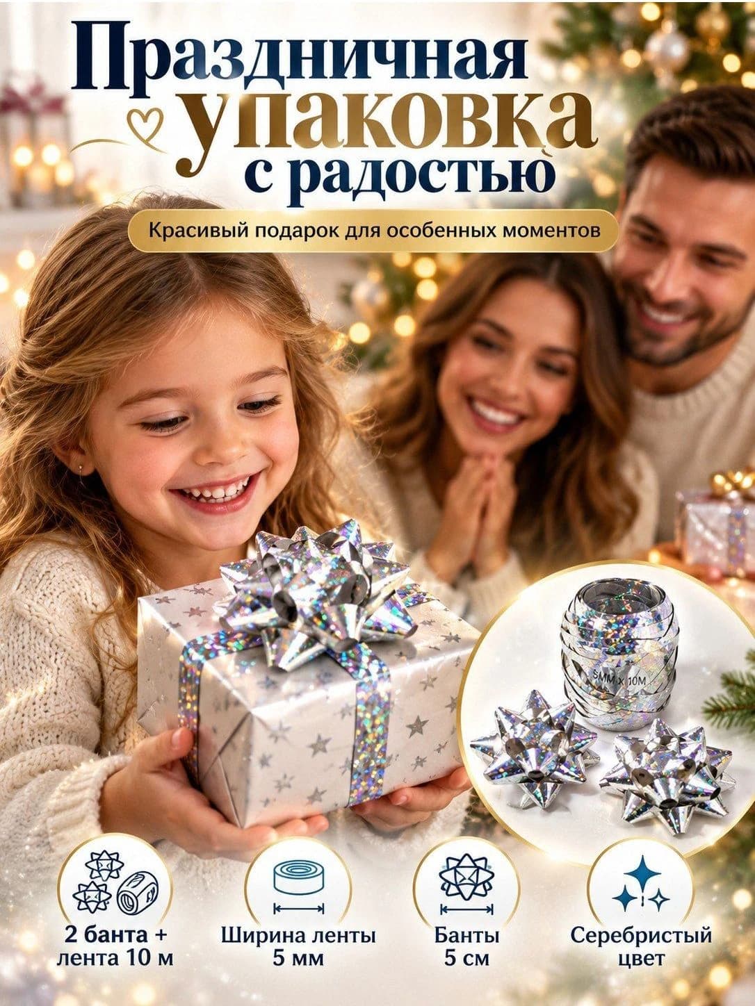 Набор для упаковки подарков «Серебряный блеск» — лента 10 м × 5 мм и 2 банта 5 см