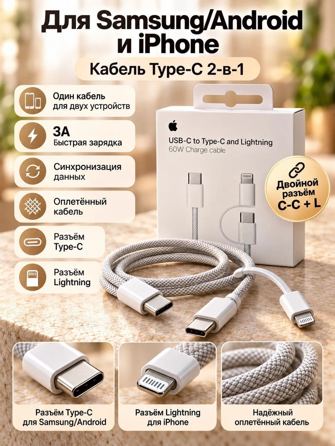 Кабель USB-C 2-в-1: Type-C + Lightning, быстрая зарядка 3A