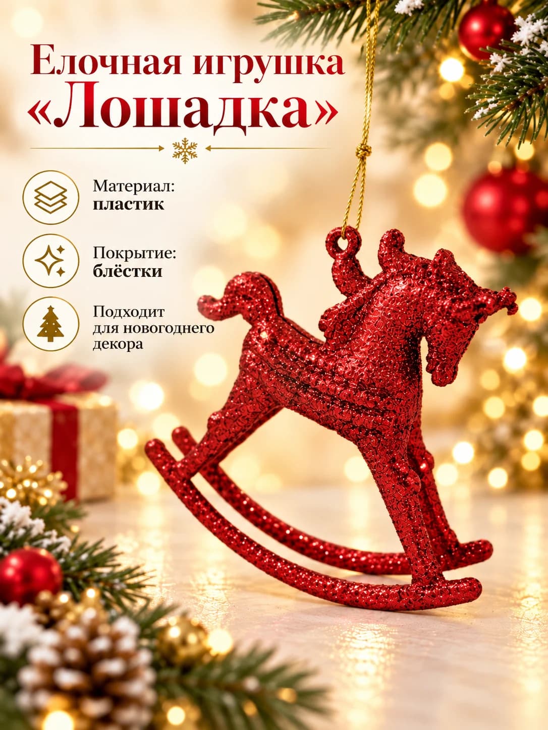 Ёлочная игрушка «Лошадка», красная с блёстками, 10 см