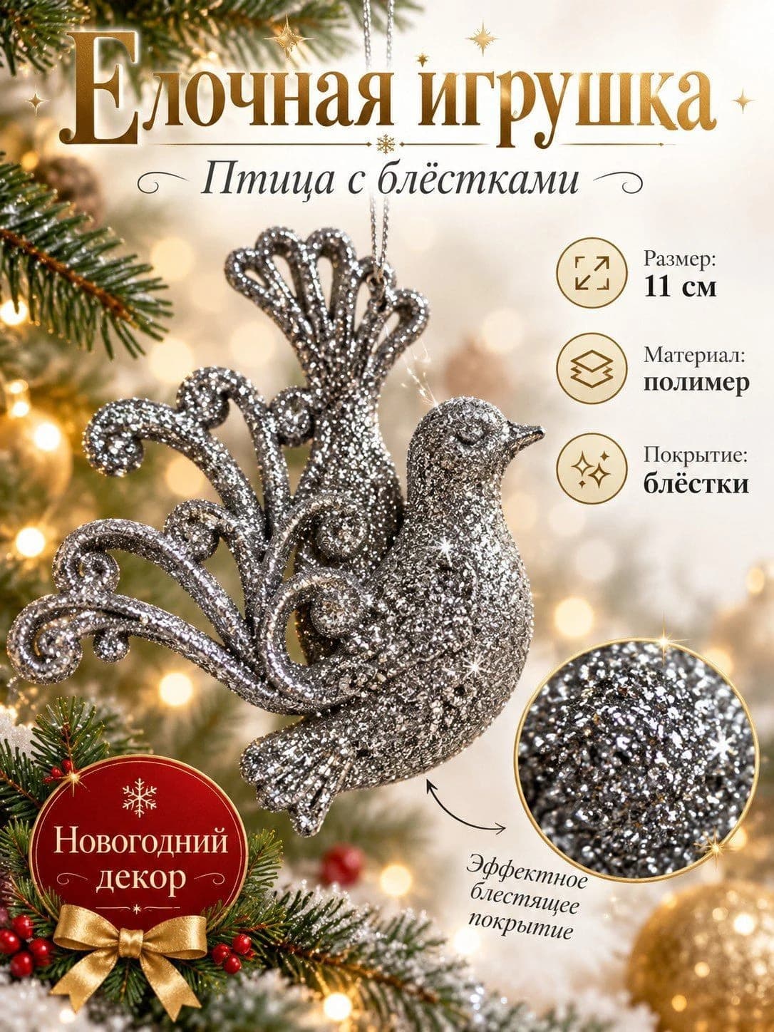 Ёлочная игрушка «Павлин с блёстками»